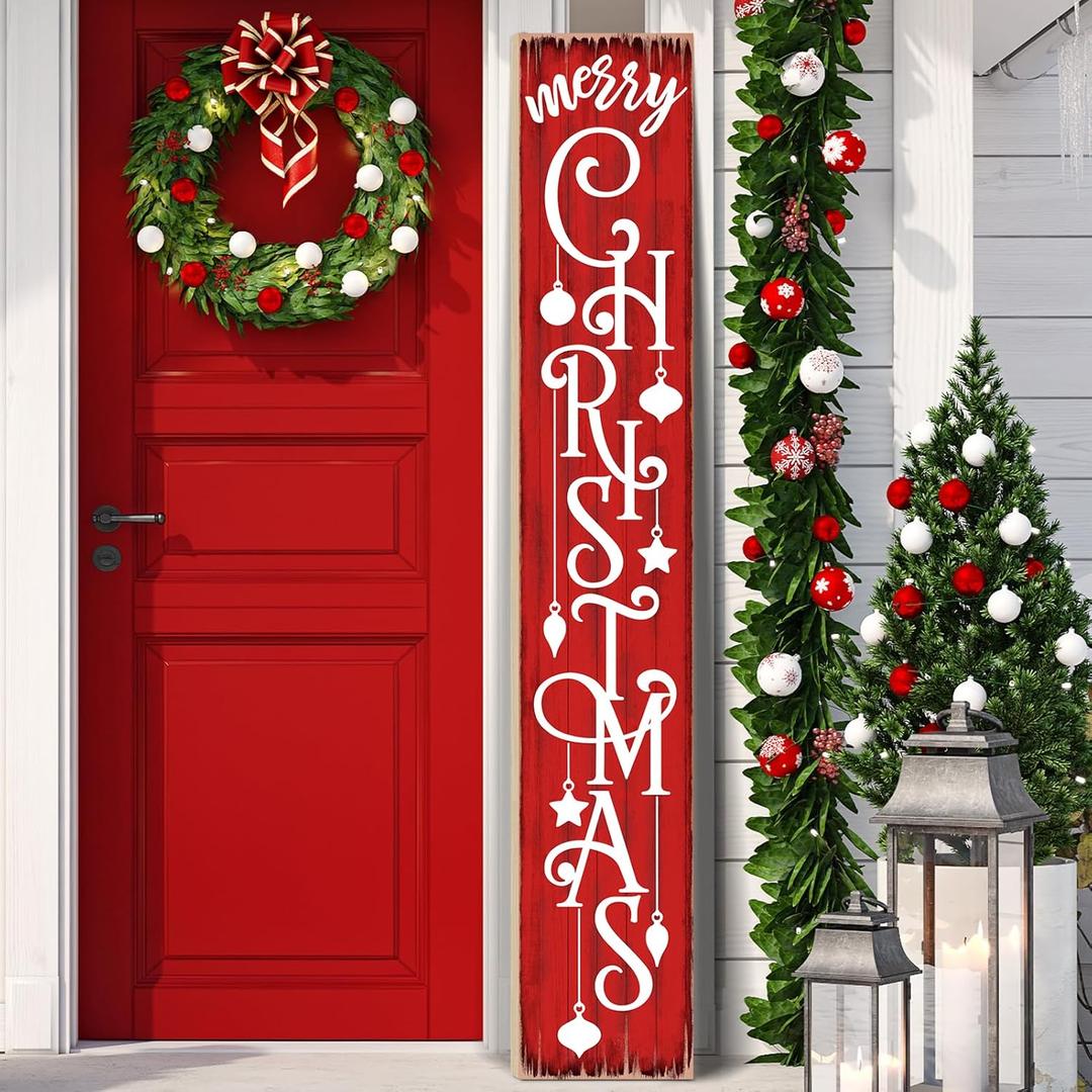 Christmas Wooden Porch Sign 47.2" Red Ornament Welcome Sign for Front Porch, Vertical Standing Outdoor Porch Decor for Home Front Door Yard Farmhouse Hanging Christmas Decoration