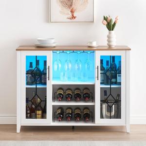 Garvee Wine Bar Cabinet with Led Light, Glass Door Liquor Cabinet with Wine Rack, Coffee Bar Table with Storage, Liquor Sideboard with Adjustable Shelves for Living Room, 47.2 in, White