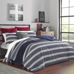 Nautica - King Comforter Set, Comforter Set, Soft & Reversible Cotton Bed Set for Year Round Comfort, 3 Piece Striped Bedding with Matching Pillowcases (Craver Navy)