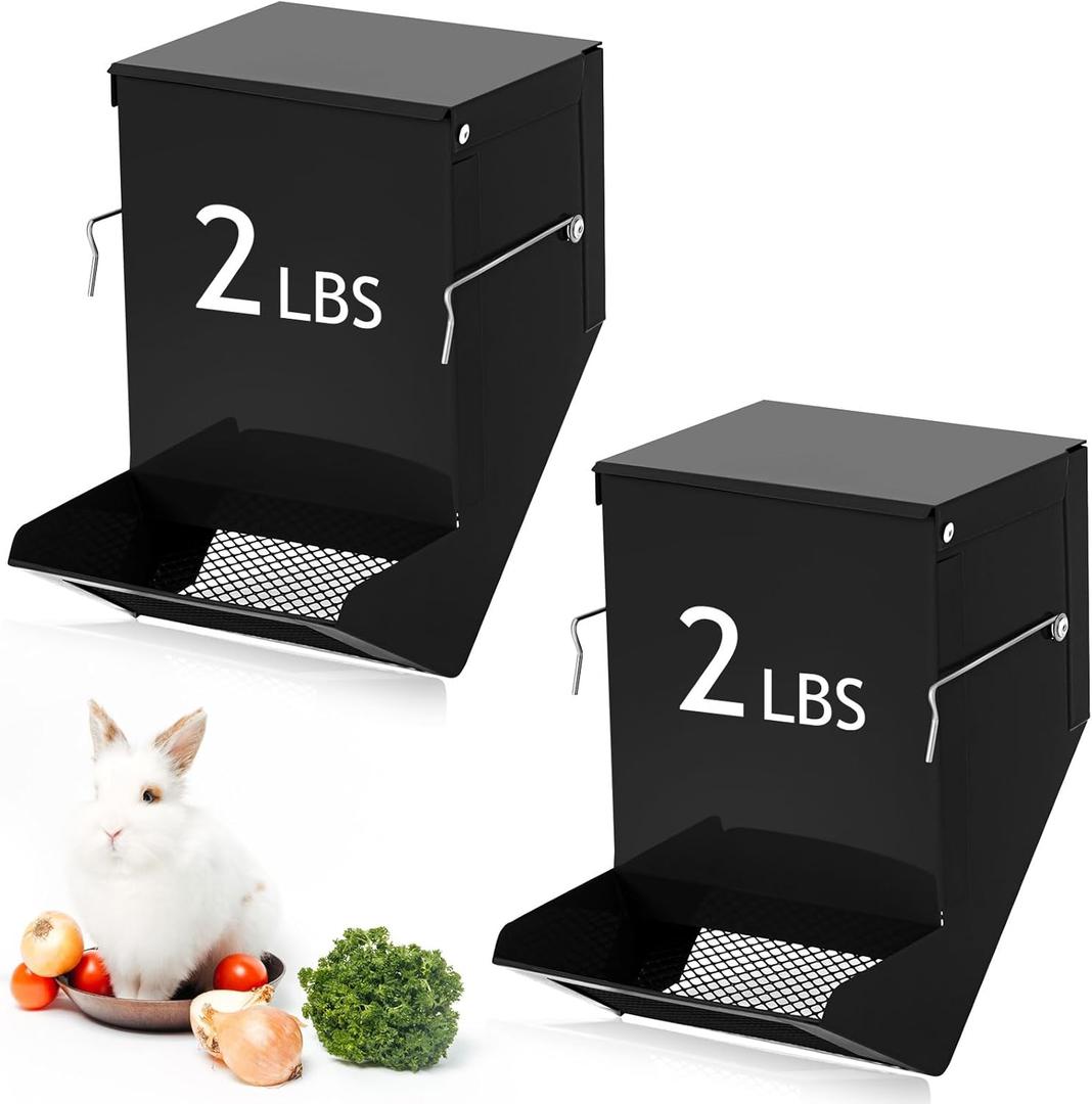 Maxcheck 2 Pcs Rabbit Feeder for Cages Small Animal Food Pellet Dispenser with Lid Metal Chicken Grit Oyster Shell Squirrel Feeders Outside(4.7 Inches,Mesh Bottom,Black)
