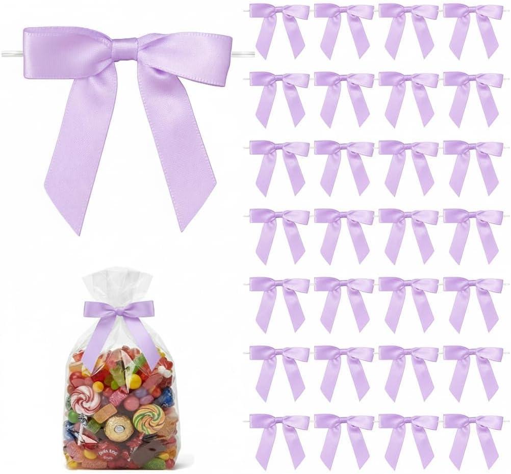 50 Pack Satin Twist Tie Bows for Gift Bags & Party Favors, 2.5 Inch Pre-Tied Ribbon Bows for Gift Wrapping, Birthday & Wedding Event Decorations - Lilac