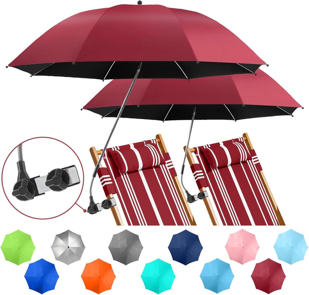 2 PACK Beach Umbrella with Clamp, 360 Adjustable Umbrellas for Chair, UPF50+ Umbrella for Beach Chair, Patio Chair, Wheelchair, Camping Chair, Golf Carts, Garnet Red (Chair Not Included)