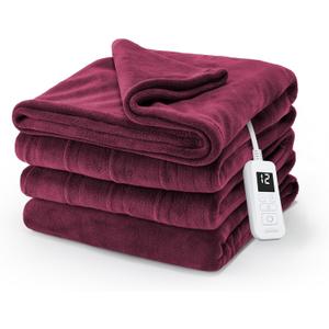 Sunbeam Electric Royal Luxe Microplush Heated Blanket, 12 Heat Settings, 12-Hour Auto Shut-Off, Fast Heating, Warm & Cozy, Machine Washable, Cabernet Color, Twin (84" x 62")