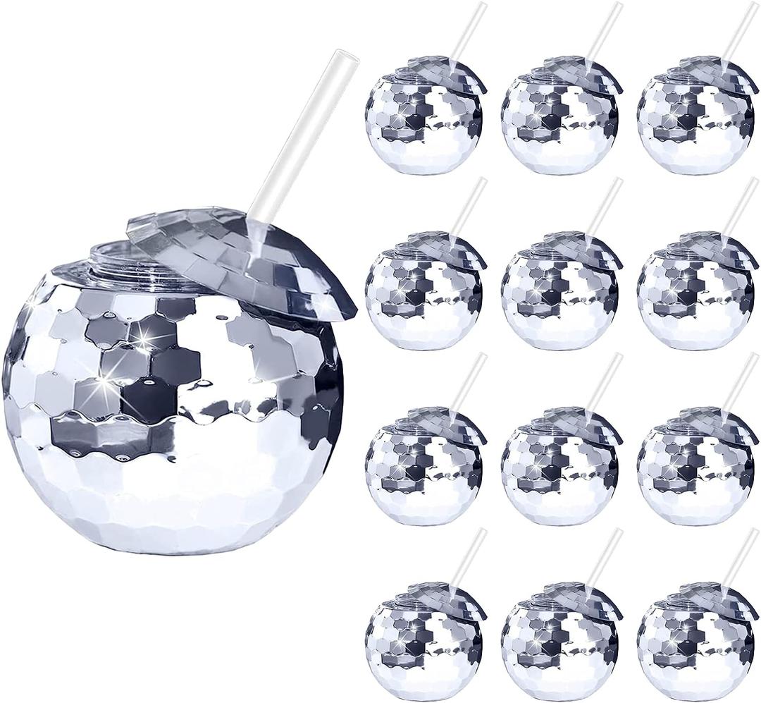 12 PCS Disco Ball Cups, 20Oz Disco Party Cups with Lid and Reusable Straw Flash Ball Cocktail Cup for Party Nightclub Bar Supplies Wine Drinking Syrup Tea Bottle (Silver) (Sliver)