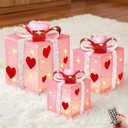 Colingmill 3 Pcs Pink Valentine's Day Decorations Lighted Gift Boxes with Pink Hearts Silver Glitter Fabric 60 LED Battery Operated Present Box for Indoor Outdoor Holiday 6, 8, 10'' Square Boxes