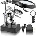 Desktop LED Lighted Magnifying Glass Soldering Station, mlogiroa Adjustable Helping Hands Magnifier 2.5X 7.5X 10X Magnifying Glass Magnifier Station with LED Light and Alligator Clips for Soldering