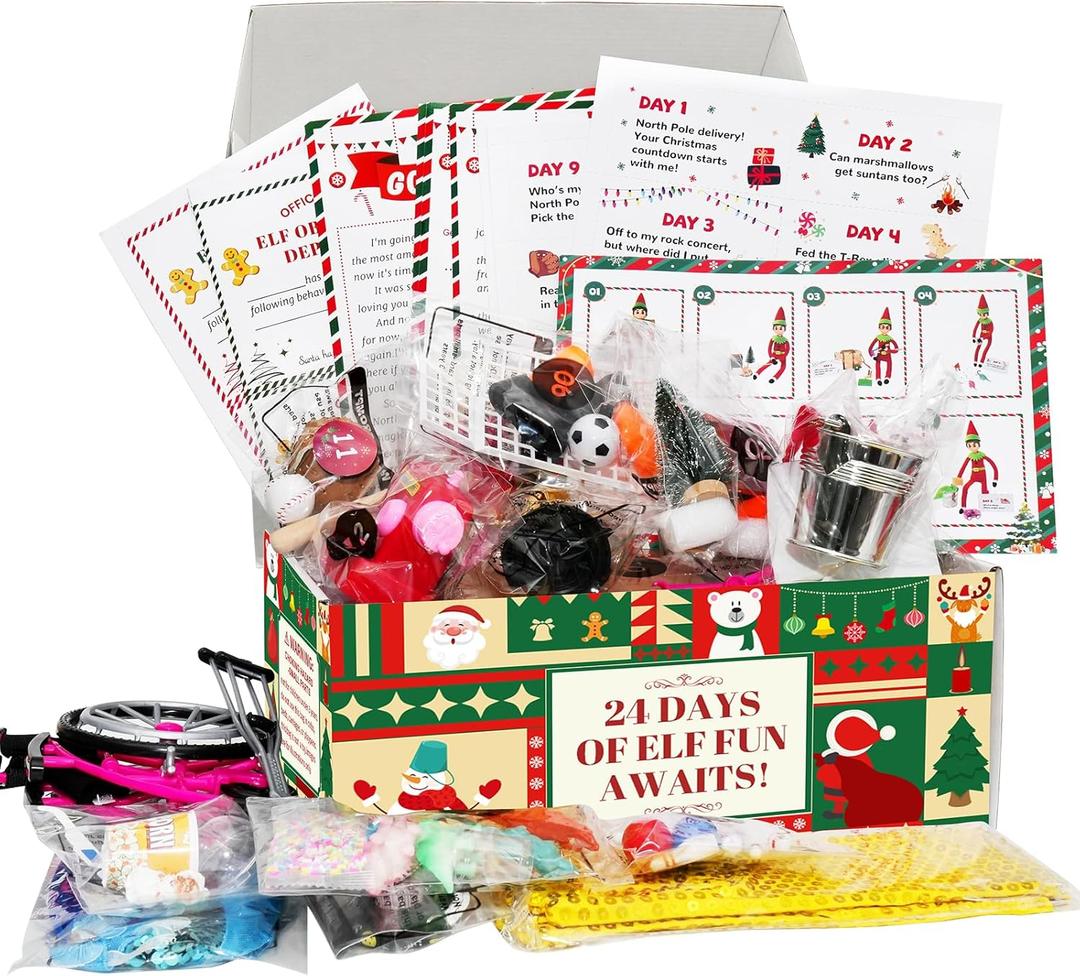 2025 Interactive 24-Day Christmas Elf Adventure Kit Daily Surprise Scenes, Props & Traditions Starter Kit Elaborate Countdown for Christmas Holiday Magic