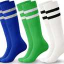 Haloumoning 3 Pairs Boys Soccer Athletic Socks Kids Striped Football Knee High Uniform Sports Tube Socks 4-15 Years (S)