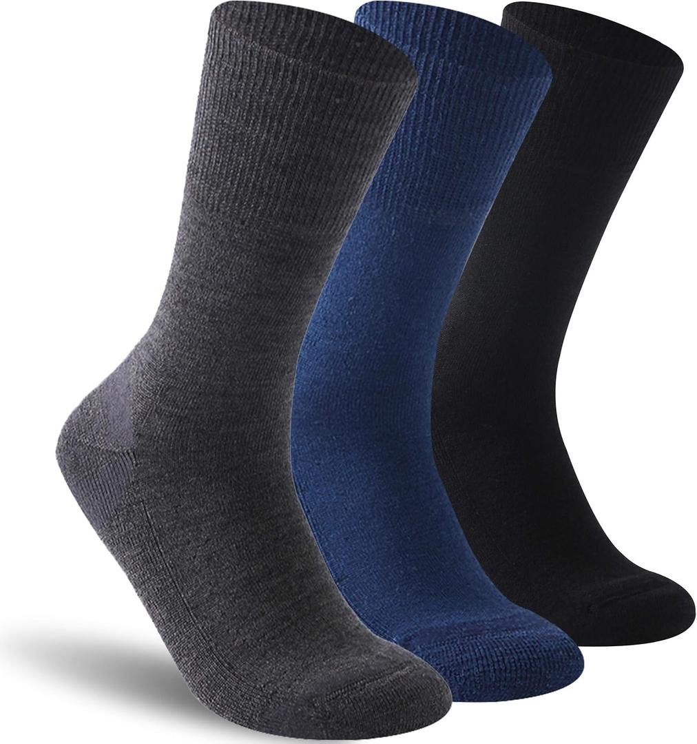 Facool Diabetic Socks for Men Women, Merino Wool Non-Binding Top Crew Socks with Cushion Sole, Seamless Toe 3 Pairs (X-Large, Multicolor (1 X Black, 1 X Dark Grey, 1 X Navy Blue))
