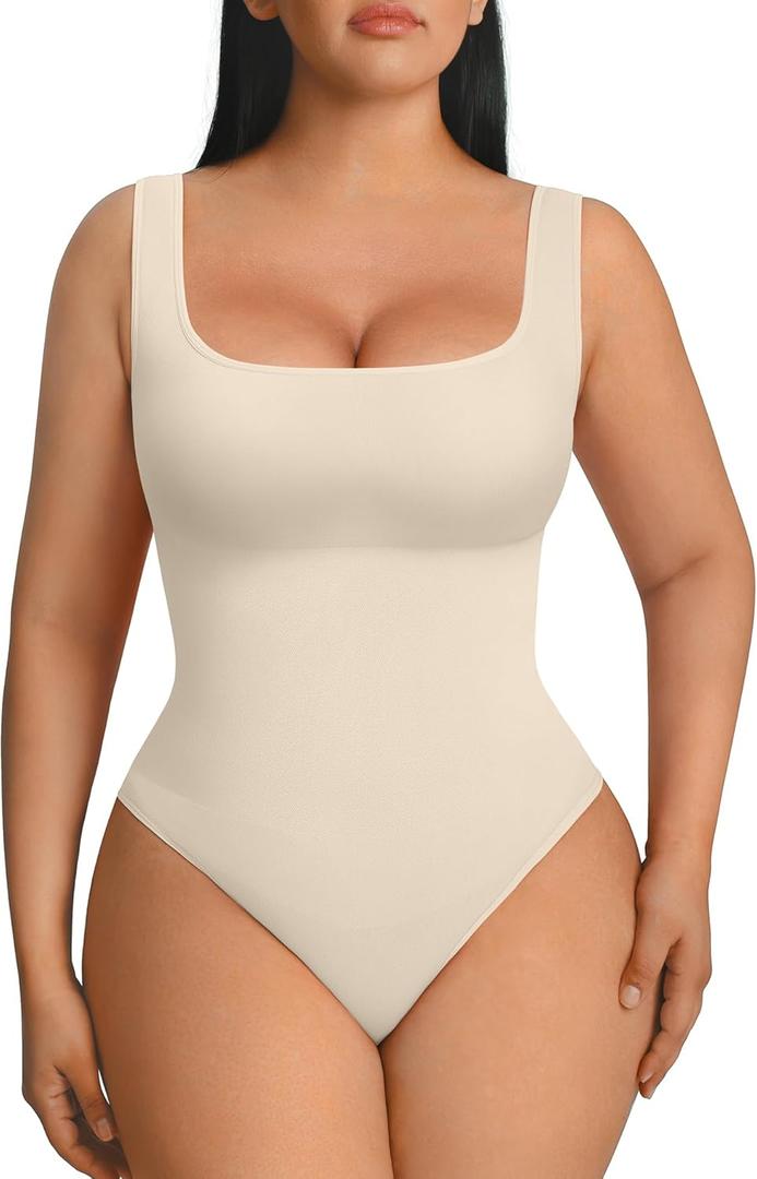 FeelinGirl Shapewear Bodysuits for Women Tummy Control Round Neck Body Suits Thong Body Shaper Beige M/ L