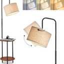 ELYONA Modern Floor Lamp with End Table, 3-Color Temperatures Solid Wood Side Table Lamp with Adjustable Drum Shade, Rustic Reading Standing Light for Bedroom, Living Room, LED Bulb Included, Brown