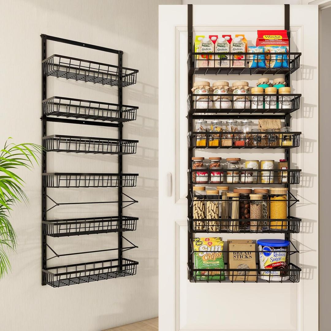 Over The Door Pantry Organizer, Pantry Storage and Organization, 6-Tier Adjustable Hanging Baskets, Metal Wall Mount Spice Rack Seasoning Shelves for Home & Kitchen, Laundry Bathroom - Black