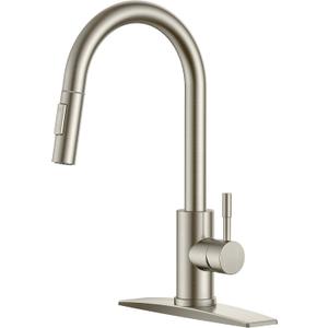 FORIOUS Kitchen Faucet, 2-Mode Pull Down Sprayer, Classic Stainless Steel
Lead-Free, Brushed Nickel, Single Handle, 1 Hole Sink Faucet with Deck Plate, Fit for RV Bar Farmhouse Laundry Outdoor