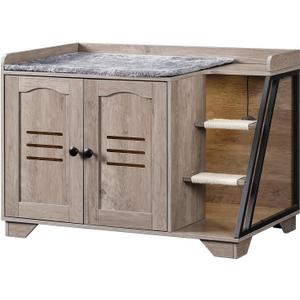 HOOBRO Cat Litter Box Enclosure with Ladder, Hidden Litter Box Furniture with Rechargeable 3-Color LED, Plush, Teaser Balls, 31.5" L x 18.9" W x 22.4" H, All-in-One, Black and Greige BG48MW01G1