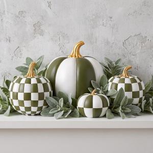 4 Pcs Large Sage Green Pumpkins Checkered Thanksgiving Home Decor Resin