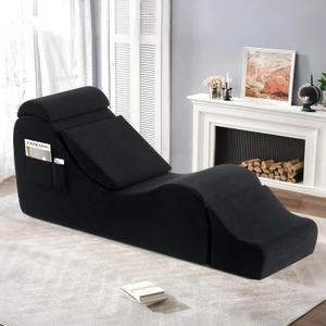 Yoga Chair Lounge for Adult, Ergonomic Chaise Lounge Chair with Side Pocket, Headrest, Waist Pad, OttomanPerfect for Stretching, Massage, and Relaxation, Used in Living Room, BedroomBlack