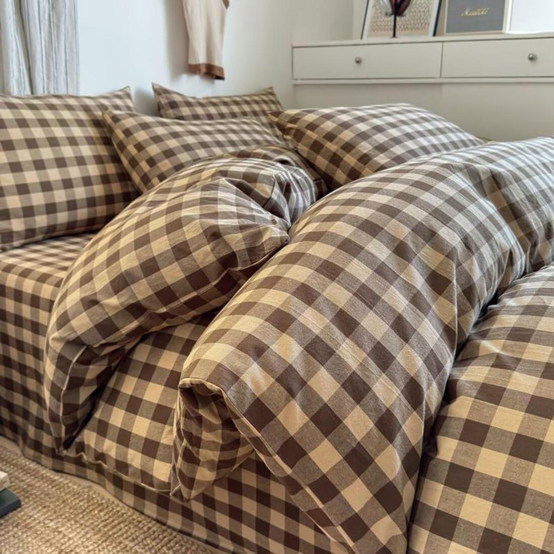 PinkMemory Brown Gingham Duvet Cover Bedding Set Queen 100% Washed Cotton Beige Plaid Checkered Duvet Cover Full 3pcs Vintage Coffee Grid Gingham Bedding with Zipper Closure Ultra Soft Breathable