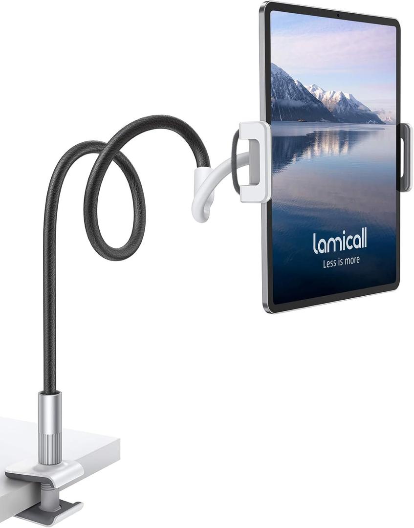Lamicall Gooseneck Tablet Holder Mount : Flexible Arm Clip Tablet Stand for Bed, Desk Mount, Compatible with iPad Pro 11", Mini Air, Galaxy Tabs More 4.7 to 10.5" Phones and Tablets (Black) Lamicall Gooseneck Tablet Holder Mount : Flexible Arm Clip Tablet Stand for Bed, Desk Mount, Compatible with iPad Pro 11", Mini Air, Galaxy Tabs More 4.7 to 10.5" Phones and Tablets (Black)