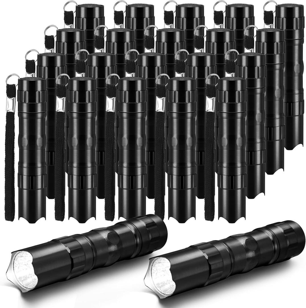Tujoe 25 Pcs Mini Flashlights Bulk Bright Aluminum LED Handheld Torches with Lanyard Small LED Flashlights for Night Reading Emergency Hurricane Camping Hiking Halloween Party Favors(Black)