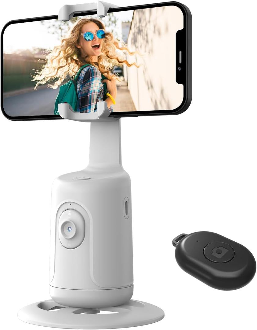 Auto Face Tracking Tripod, 360 Rotation Face Body Phone Camera Mount Smart Shooting Phone Tracking Holder with Remote,No App, Gesture Control,Smart Shooting Holder for Vlog, Streaming,Tiktok-White