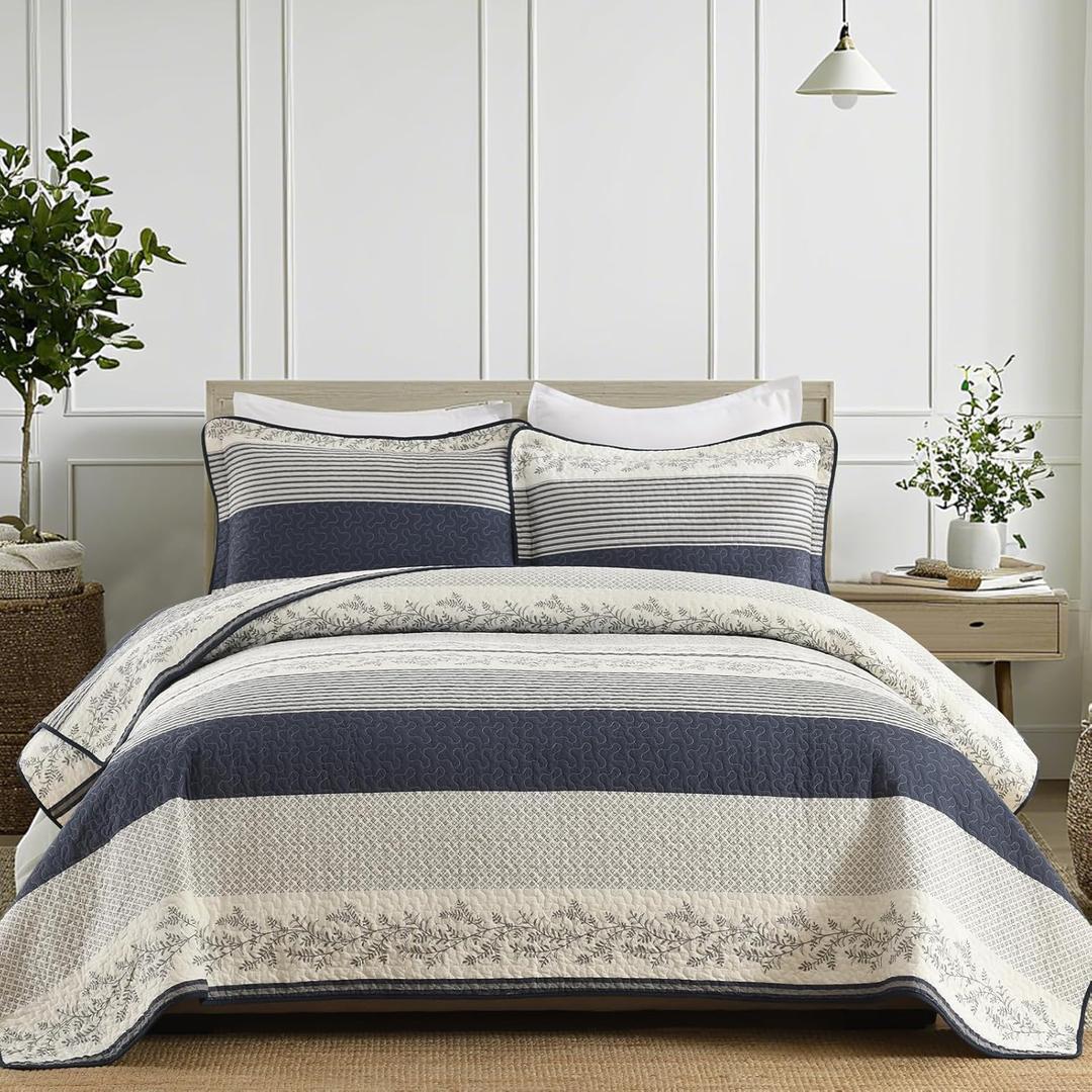 Striped Quilt King Size - Navy White Quilt Set with Matching Shams, Vintage Vine Design Farmhouse Bedding Bedspread, 3 Pieces 100% Cotton Lightweight Coverlet Home Decor for All Season (King(98"x106"), Navy/Gray/Off White/Cream)