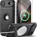 Casus Designed for iPhone Air Case Compatible with MagSafe Kickstand Vegan Leather Classic Luxury Elegant Thin Protective Cover with Tempered Glass Screen (2025) 6.5" - Black