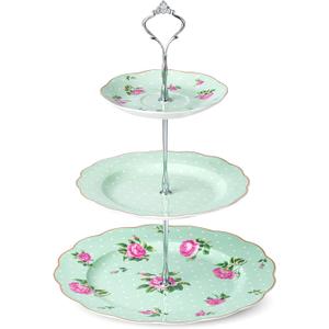 BTaT- 3-Tier Dessert Stand, Green, Afternoon Tea Stand, Porcelain Dessert Tower, 3 Tier Tea Sandwich Stand, Tiered Plate Stand, Tiered Plate Stand, Tea Party Tray 3 Tier