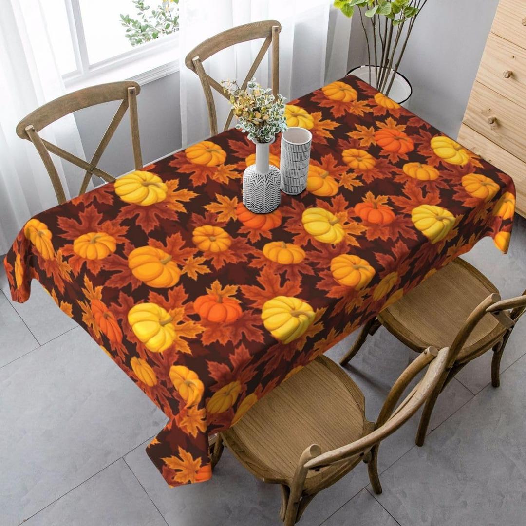 Fall Rectangle Tablecloth, Watercolor Leaves and Pumpkins on Brown Kitchen Decorative Washable Table Cloth, Tablecloths for Dining Room Picnic Party, 60x84 Inch
