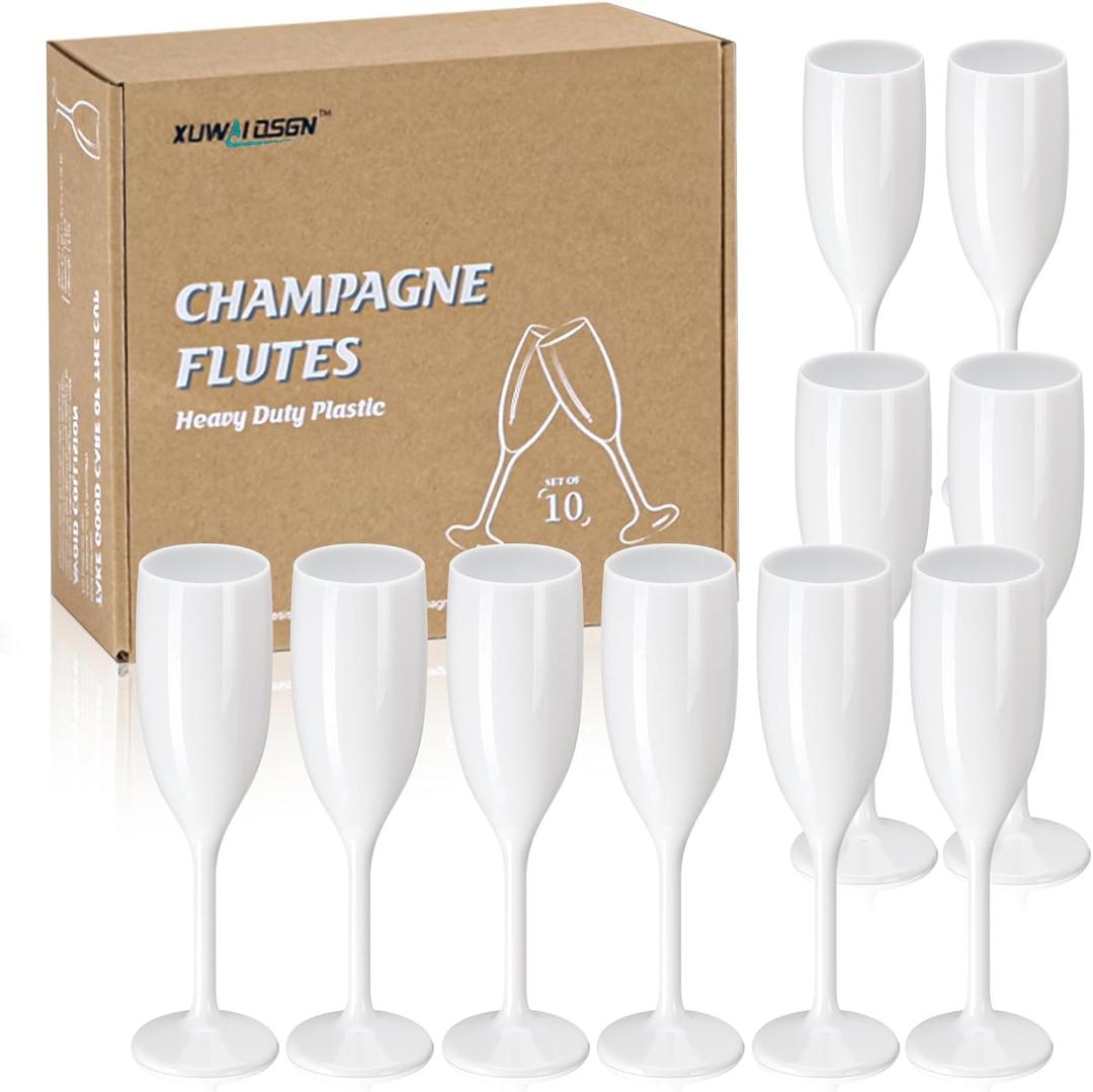 XUWAIDSGN Champagne Flute Acrylic Champagne Glasses Wedding Toasting Champagne Flute Goblet Plastic Reusable Unbreakable Champagne Cups for Bachelorette Wedding Bridal Shower Party (White, 10)