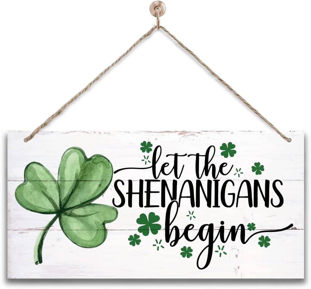 Hanging St. Patrick's Day Wooden Decor - 'Let the Shenanigans Begin' Wall Art, Home & Door Sign, Shamrock Theme