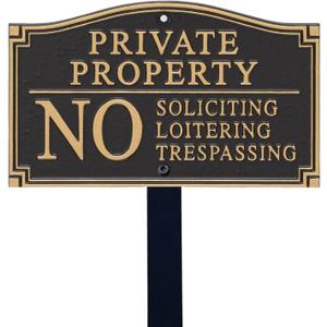 SmartSign Private Property Sign for Yard, No Soliciting Loitering Trespassing Garden Plaque | 5.75" x 9.5" Aluminum Plaque with 18" Black Lawn Stake, Made in USA