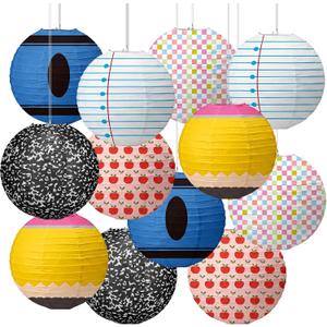 Gerrii 12 Pcs Back to School Paper Lanterns Classroom Hanging Decorations | 10 Inch Composition Notebook Pencil Apple Crayon Checkered, Ceiling Decorations for Home School Office