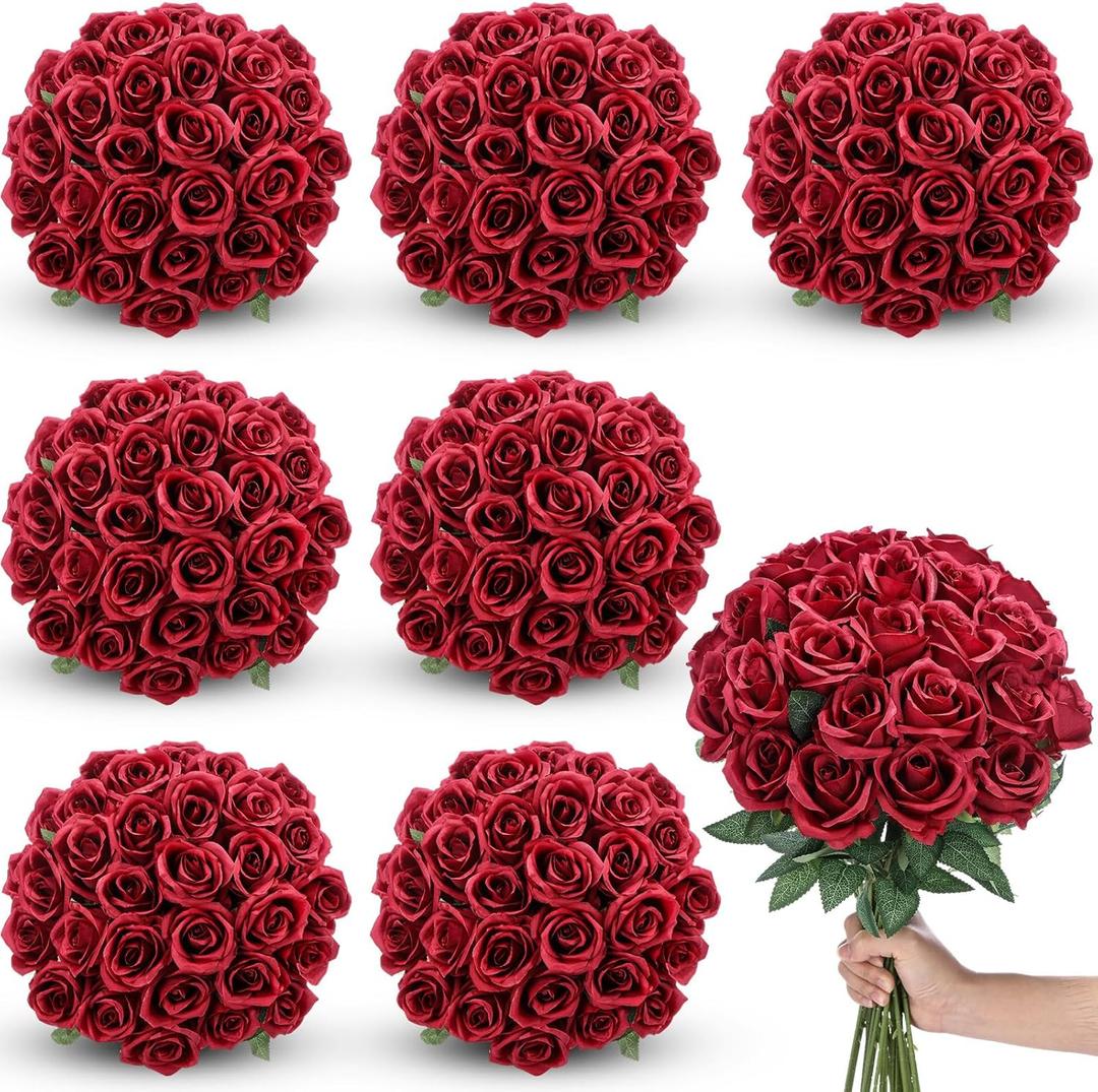 Lyrow 200 Pcs Artificial Roses Realistic Flowers Bulk Real Looking Fake Silk Rose Bouquets with Long Stem Flowers for Wedding Table Centerpieces Bridal Shower Party Home Garden Decor (Red)