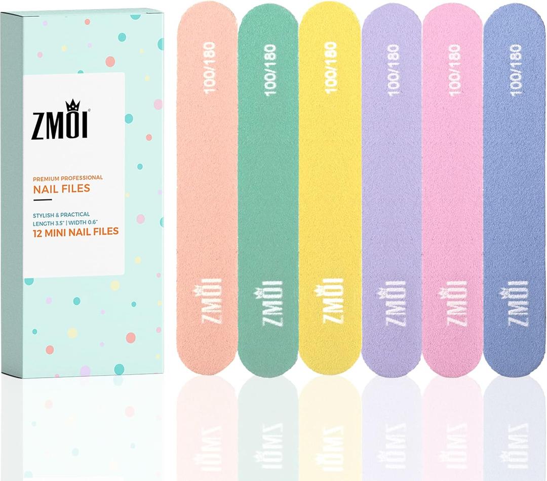 Professional Mini Nail File  12 Stylish - Practical Fingernail File Pack for Natural and Acrylic Nails 100/180 Emery Boards (Macaroon Color)