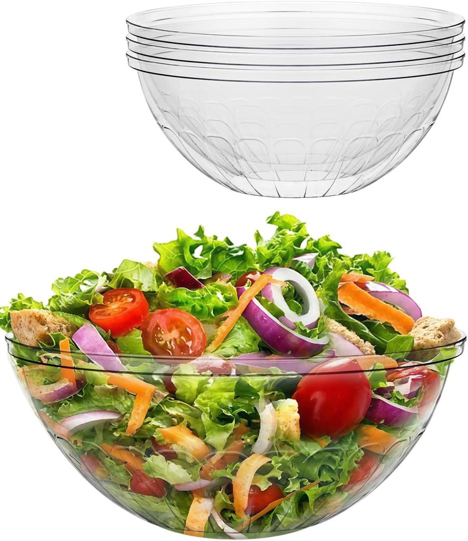BESTVIP 4 Pack 150 Ounce Clear Plastic Serving Bowls, Disposable 11.6" Party Bowls for Chips/Salad/Candy/Snacks, Stackable Buffet Containers for Christmas, Holiday, Weddings, Showers/Events, Reusable, 11.6 inches diameter, 150 ounces capacity