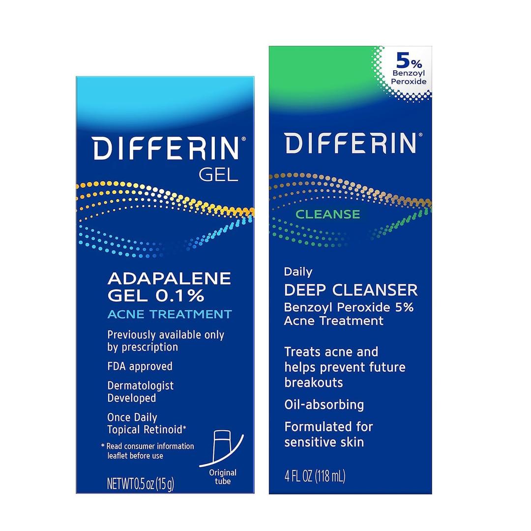 Differin Acne Skin Care Kit, Differin Gel Retinoid Acne Treatment for Face with 0.1% Adapalene & 5% Benzoyl Peroxide Face Wash & Body Wash, Designed for Pimple and Acne Prone Skin (2 Count (Pack of 1))