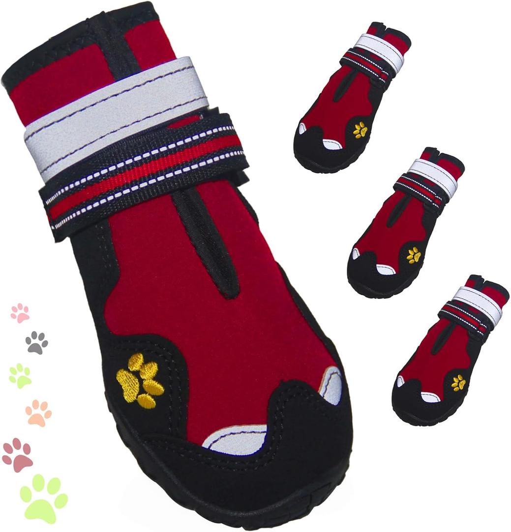 Dog Shoes for Large Dogs, 360Anti Slip Medium Dog Boots & Paw Protectors Winter Snowy, Waterproof 4Pcs Dog Booties with Reflective Strips (Size 8: 2.95''x3.46''(W*L), Red)