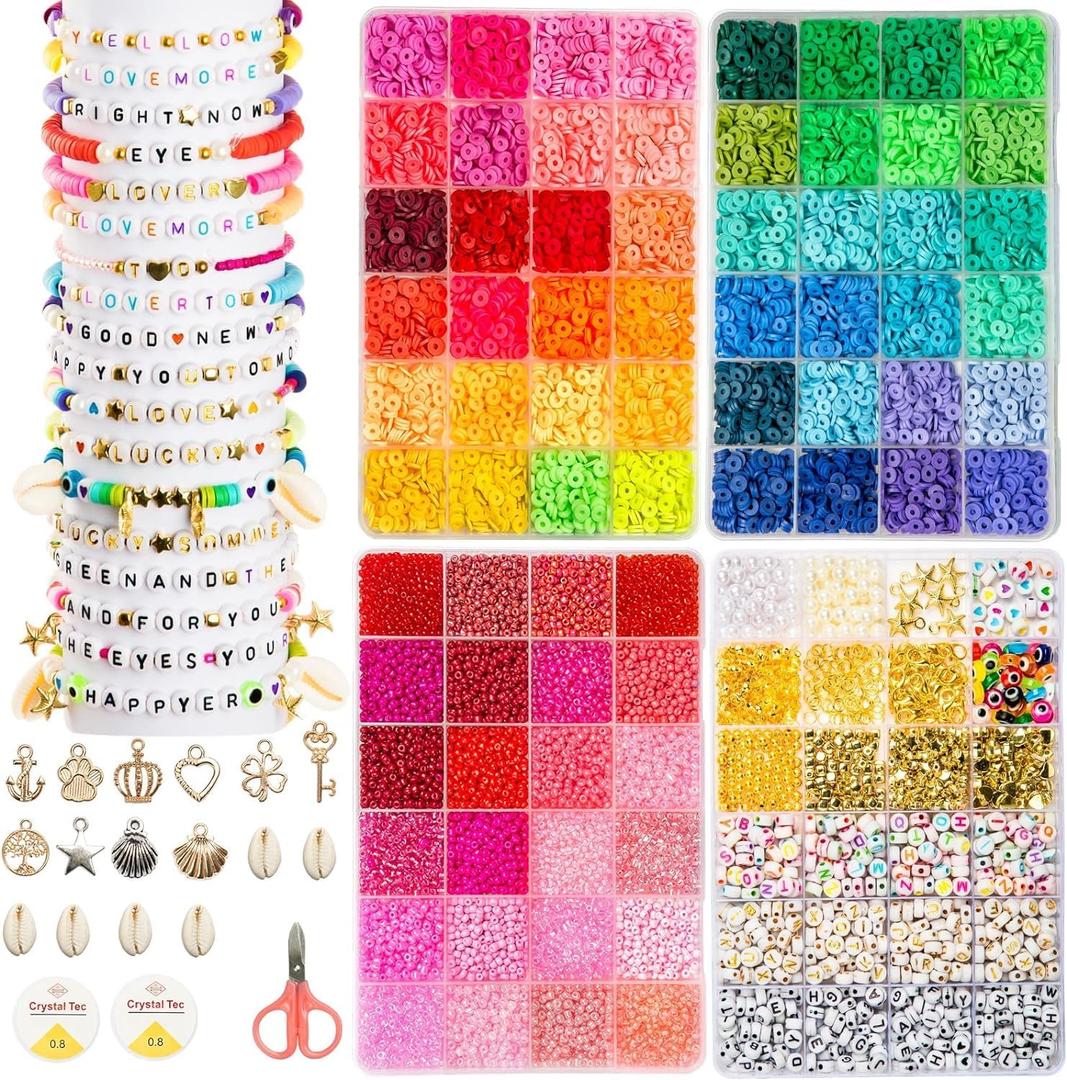 Goldwise Jewelry Making Bead Kit  4 Storage Boxes, 13056 Pcs 72 Colors Valentines Day Themed Clay Beads & Glass Seed Beads with Letter Beads and Charms, DIY Bracelet & Jewelry Making Supplies