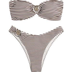 ZAFUL Women's Bandeau Bikini O Ring Strapless Tie Back High Cut Two Piece Swimsuit Bathing Suits (Brown, L)