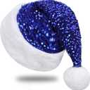 Sequin Santa Hat for Adults with Shiny Sequin and Fluffy Pompom, Party Hat for New Year Xmas Festival (Blue)