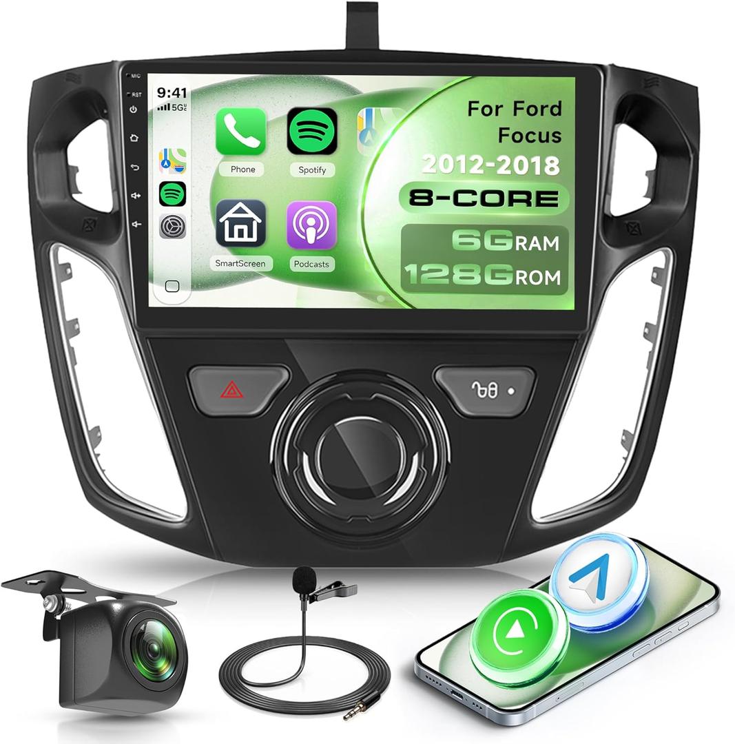 Rimoody 8 Core 6+128G Android 15 Car Stereo for Ford Focus 2012-2018 with Wireless Carplay Android Auto, 9 Touch Screen Car Radio with GPS Bluetooth Mirror Link WIFI FM/RDS DSP AHD Backup Camera SWC
