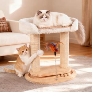 5-in-1 Small Wooden Cat Tree Tower,16.5''H Natural Sisal Cat Scratching Post Climbing Tower with Bed,Interactive Cat Feather Toy,Ball Track Toy for Kittens and Indoor Cats,White (17.72"L x 11.81"W x 16.54"H)