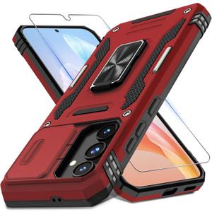 DEERLAMN Case for Samsung Galaxy S24 FE 6.7-Inch with Slide Camera Cover+Screen Protector(1 Pack), Rotated Ring Kickstand Military Grade Shockproof Protective Cover-Red
