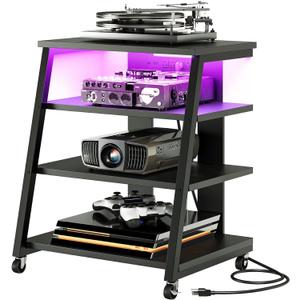 CHOEZON 4-Tier AV Media Stand with Wheels, Stereo Stands, Media Console Shelf with Power Strips, LED Lights, Wooden Audio Cabinet Rack Tower for Record Player/Apple TV/ps4, Black TCJ60UDBB, 15.7 inches x 23.6 inches x 31.5 inches