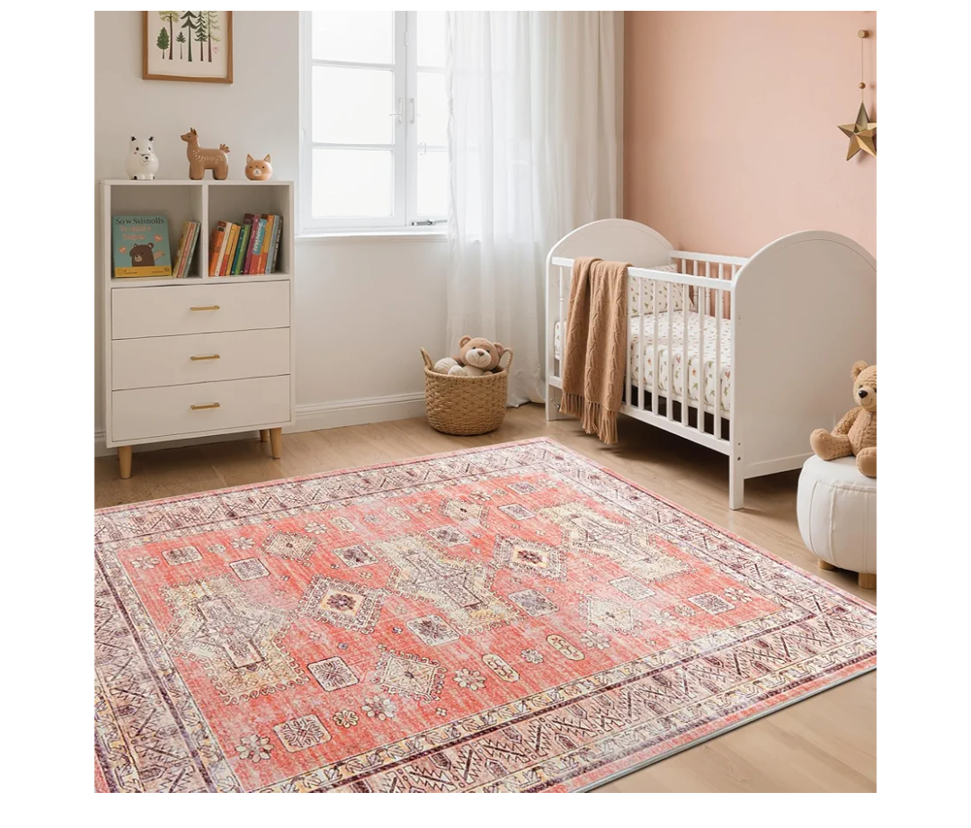 Boho Area Rugs Machine Washable for Living Room Bedroom, Soft Print Pattern Indoor Rug with Non-Slip Backing & Durable Edge, Vintage Distressed Mat, Tangerine Pink 6'x9'