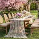 Haull Spring Floral Table Runner Embroidered Daisy Wildflowers Tulle Tablecloth 4.27x5.97ft Sheer Gauze Table Cover with Lavender Eucalyptus Leaves for Spring Easter Mother's Day Wedding Party Decor