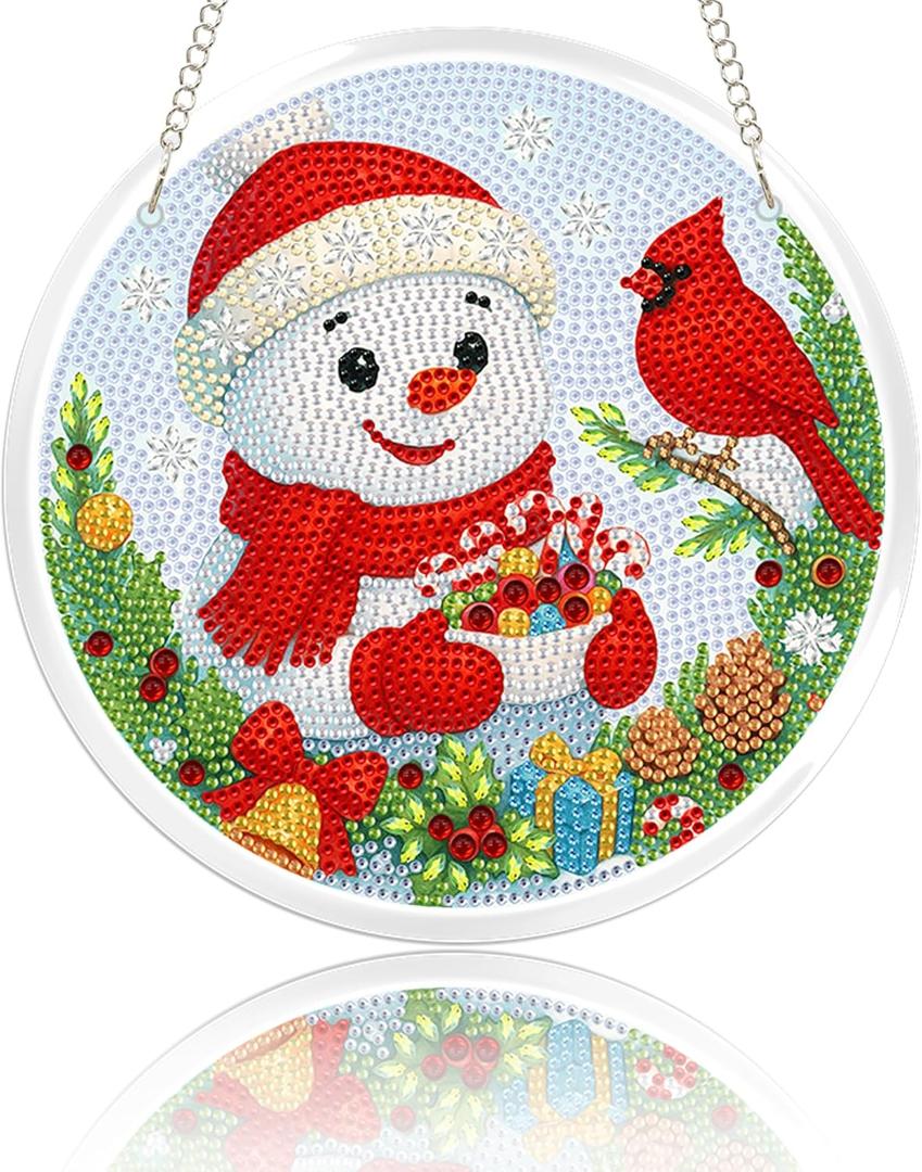 Eiflow Glass Christmas Diamond Art Hanging Kit for Adults, DIY Stained Glass Diamonds Painting Door Hanger Board Kit, Crystal Diamond Art Painting Pendant Ornament Full Drill (Snowman and Cardinal)