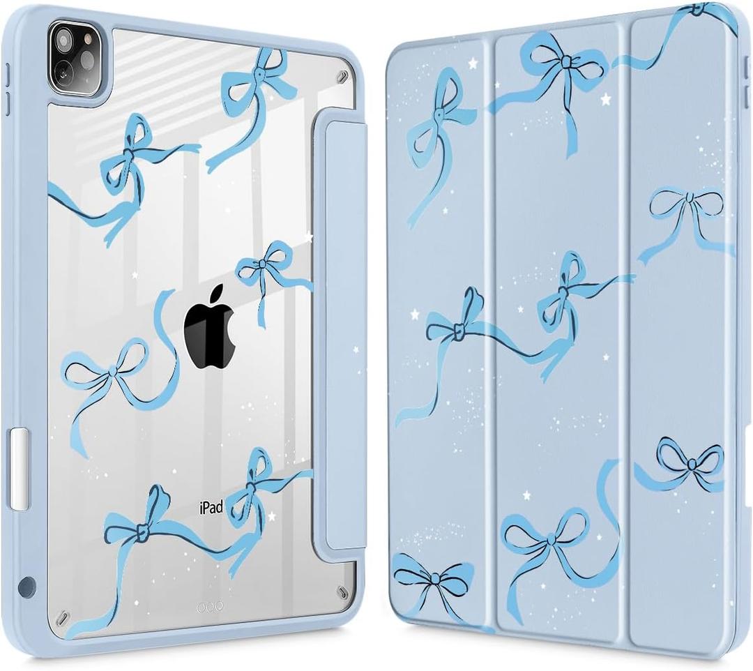 May Chen for iPad Pro 11 inch M2 4th Generation 2022, iPad Pro 11 3rd/2nd/1st Gen, Case with Transparent Shockproof Back Cover [Built-in Pencil Holder, Auto Sleep/Wake, Bows Blue