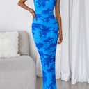 PRETTYGARDEN Women's Summer Maxi Floral Dresses Ruched Bodycon Sleeveless Mesh Formal Wedding Guest Cocktail Split Long Dress (Blue, Small)