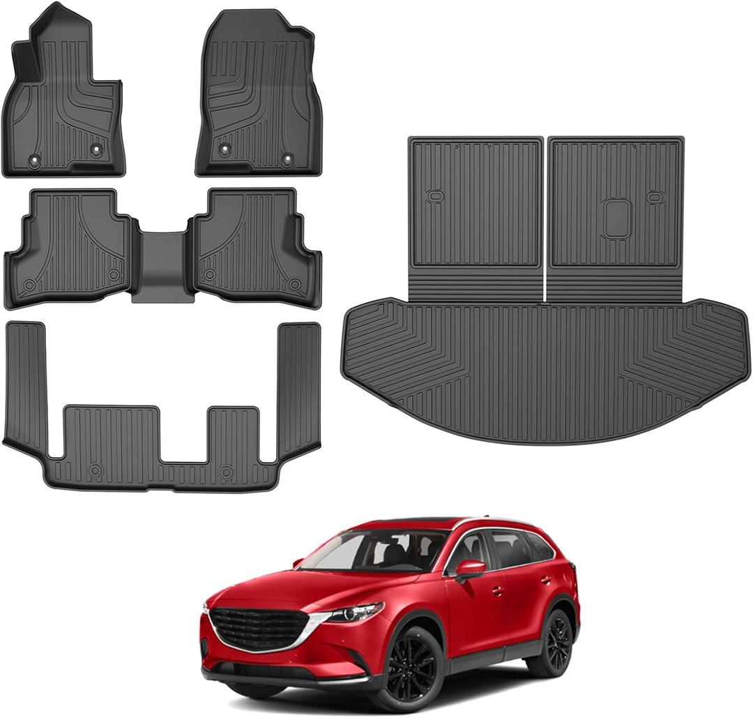 AOMSAZTO Floor Mats Compatible with Mazda CX9 CX-9 7 Seats (Non 6 Seats)(Only Fit Sport Version) 2016-2023: Full Set Floor Liners & Cargo Liner & Seat Back Mat Custom Fit All Weather Car Mats, Black